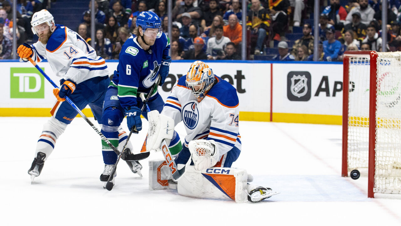 VANCOUVER, CANADA - MAY 8: Brock Boeser #6 of the Vancouver Canucks shot hits off the goal post behind Stuart Skinner #74 of the Edmonton Oilers during the second period in Game One of the Second Round of the 2024 Stanley Cup Playoffs against the Vancouver Canucks at Rogers Arena on May 8, 2024 in Vancouver, British Columbia, Canada.