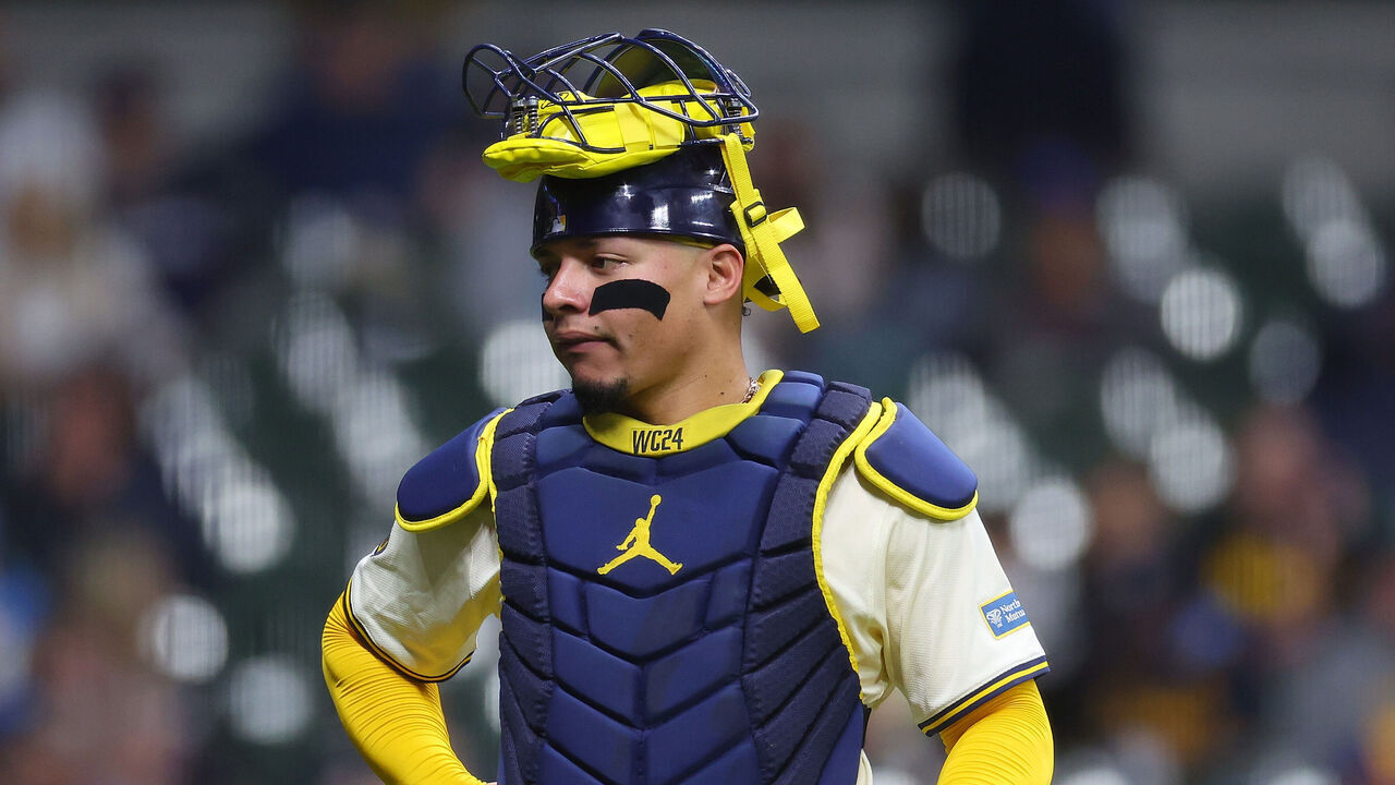 MILWAUKEE, WISCONSIN - APRIL 29: William Contreras #24 of the Milwaukee Brewers waits for a call during a game against the Tampa Bay Rays at American Family Field on April 29, 2024 in Milwaukee, Wisconsin.