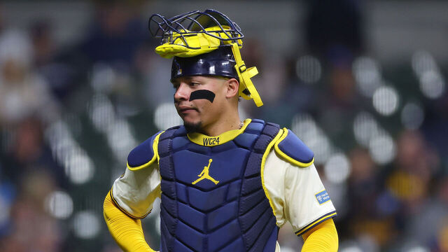 MILWAUKEE, WISCONSIN - APRIL 29: William Contreras #24 of the Milwaukee Brewers waits for a call during a game against the Tampa Bay Rays at American Family Field on April 29, 2024 in Milwaukee, Wisconsin.