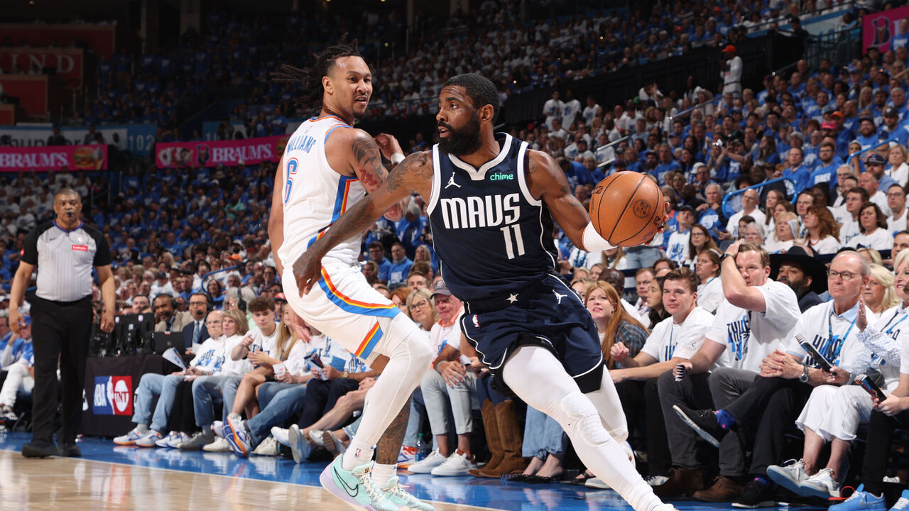 OKLAHOMA CITY, OK - MAY 7: Kyrie Irving #11 of the Dallas Mavericks dribbles the ball during the game against the Oklahoma City Thunder during Round 2 Game 1 of the 2024 NBA Playoffs on May 7, 2024 at Paycom Arena in Oklahoma City, Oklahoma. Mandatory Copyright Notice: Copyright 2024 NBAE