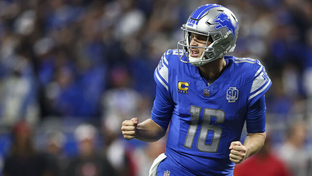 DETROIT, MI - JANUARY 21: Jared Goff #16 of the Detroit Lions celebrates after a touchdown during the third quarter of an NFL divisional round playoff football game against the Tampa Bay Buccaneers at Ford Field on January 21, 2024 in Detroit, Michigan.