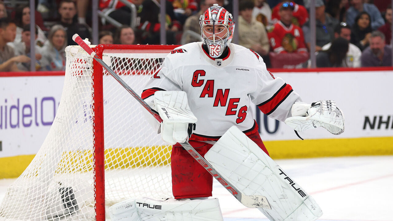 CHICAGO, ILLINOIS - APRIL 14: Pyotr Kochetkov #52 of the Carolina Hurricanes tends the net against the Chicago Blackhawks during the first period at the United Center on April 14, 2024 in Chicago, Illinois.