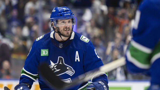 VANCOUVER, BC - MAY 08: Vancouver Canucks Centre J.T. Miller (9) celebrates the win during game one of the Second Round of the 2024 Stanley Cup playoffs between the Edmonton Oilers and the Vancouver Canucks on May 8, 2024, at Rogers Arena in Vancouver, B.C.