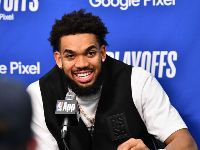 PHOENIX, AZ - APRIL 4: Karl-Anthony Towns #32 of the Minnesota Timberwolves speaks at a press conference after the game against the Phoenix Suns during Round 1 Game 4 of the 2024 NBA Playoffs on April 4, 2023 at Footprint Center in Phoenix, Arizona. Mandatory Copyright Notice: Copyright 2024 NBAE