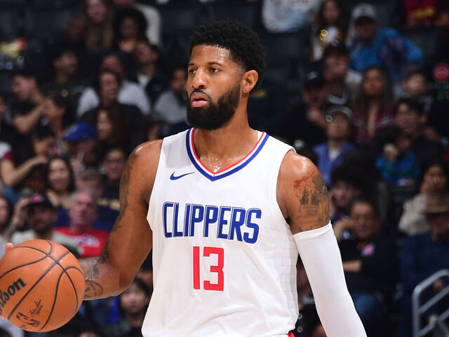 LOS ANGELES, CA - APRIL 7: Paul George #13 of the LA Clippers dribbles the ball during the game against the Cleveland Cavaliers on April 7, 2024 at Crypto.Com Arena in Los Angeles, California. NOTE TO USER: User expressly acknowledges and agrees that, by downloading and/or using this Photograph, user is consenting to the terms and conditions of the Getty Images License Agreement. Mandatory Copyright Notice: Copyright 2024 NBAE