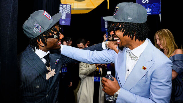 DETROIT, MICHIGAN - APRIL 25: Malik Nabers and Jayden Daniels celebrate during the 2024 NFL Draft at Campus Martius Park and Hart Plaza on April 25, 2024 in Detroit, Michigan