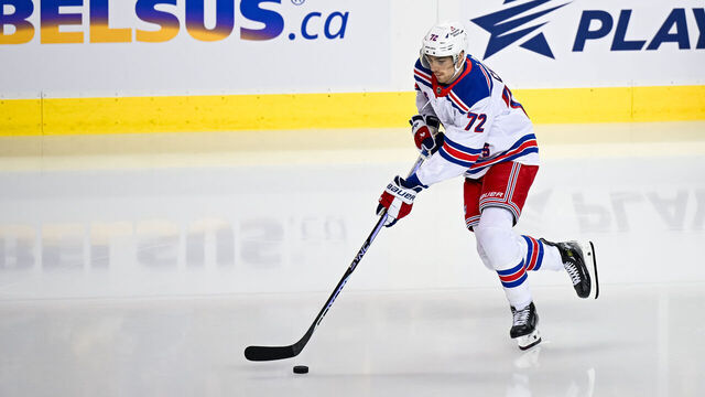 CALGARY, AB - OCTOBER 24: New York Rangers Center Filip Chytil (72) warms up before an NHL game between the Calgary Flames and the New York Rangers on October 24, 2023, at the Scotiabank Saddledome in Calgary, AB.
