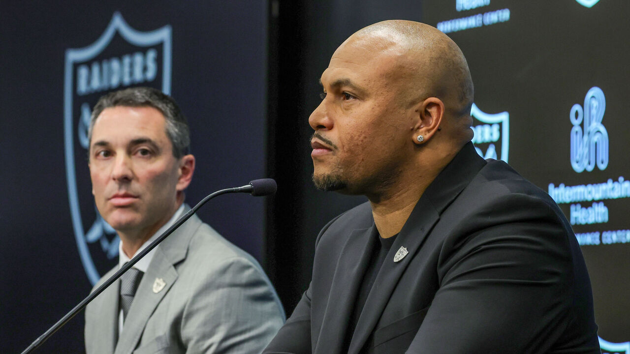 HENDERSON, NEVADA - JANUARY 24: Tom Telesco (L) and Antonio Pierce attend a news conference introducing Telesco as the general manager and Pierce as the head coach of the Las Vegas Raiders at the Las Vegas Raiders Headquarters/Intermountain Healthcare Performance Center on January 24, 2024 in Henderson, Nevada.