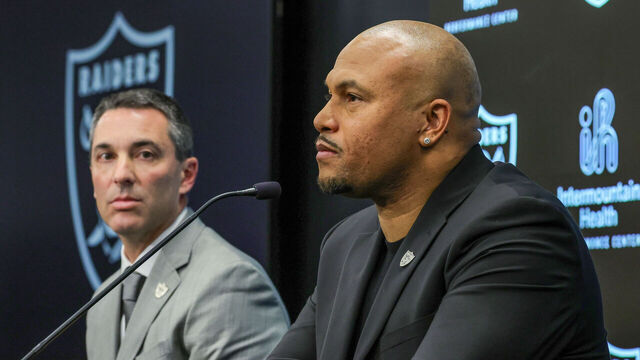 HENDERSON, NEVADA - JANUARY 24: Tom Telesco (L) and Antonio Pierce attend a news conference introducing Telesco as the general manager and Pierce as the head coach of the Las Vegas Raiders at the Las Vegas Raiders Headquarters/Intermountain Healthcare Performance Center on January 24, 2024 in Henderson, Nevada.