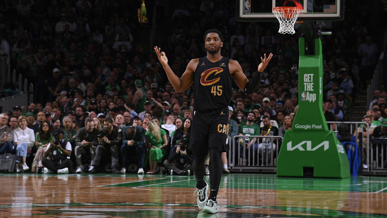 BOSTON, MA - MAY 9: Donovan Mitchell #45 of the Cleveland Cavaliers celebrates during the game against the Boston Celtics during Round 2 Game 2 of the 2024 NBA Playoffs on May 9, 2024 at the TD Garden in Boston, Massachusetts. Mandatory Copyright Notice: Copyright 2024 NBAE