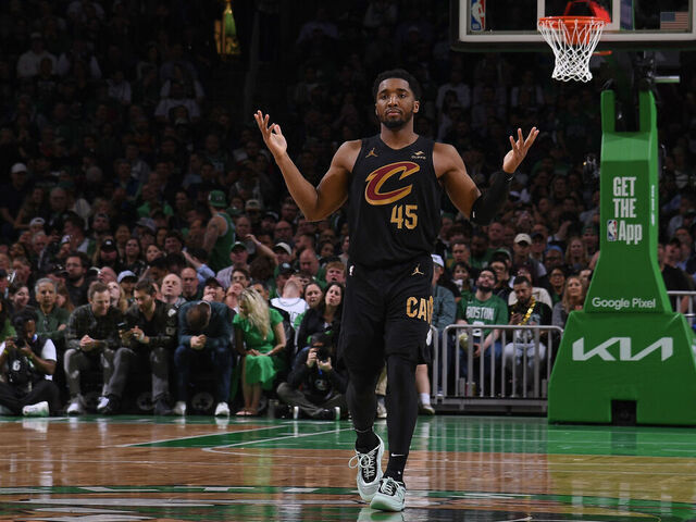BOSTON, MA - MAY 9: Donovan Mitchell #45 of the Cleveland Cavaliers celebrates during the game against the Boston Celtics during Round 2 Game 2 of the 2024 NBA Playoffs on May 9, 2024 at the TD Garden in Boston, Massachusetts. Mandatory Copyright Notice: Copyright 2024 NBAE