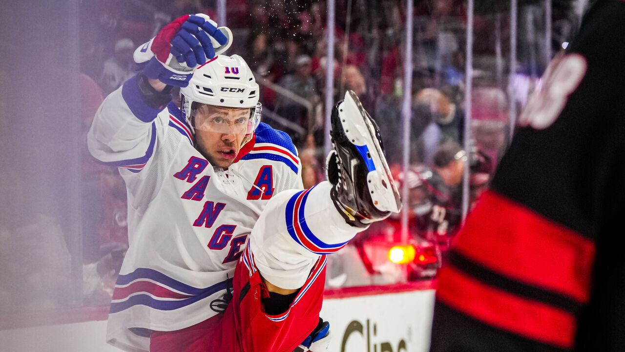 RALEIGH, NORTH CAROLINA - MAY 09: Artemi Panarin #10 of the New York Rangers celebrates after scoring the game winning goal during overtime in Game Three of the Second Round of the 2024 Stanley Cup Playoffs at PNC Arena on May 09, 2024 in Raleigh, North Carolina.