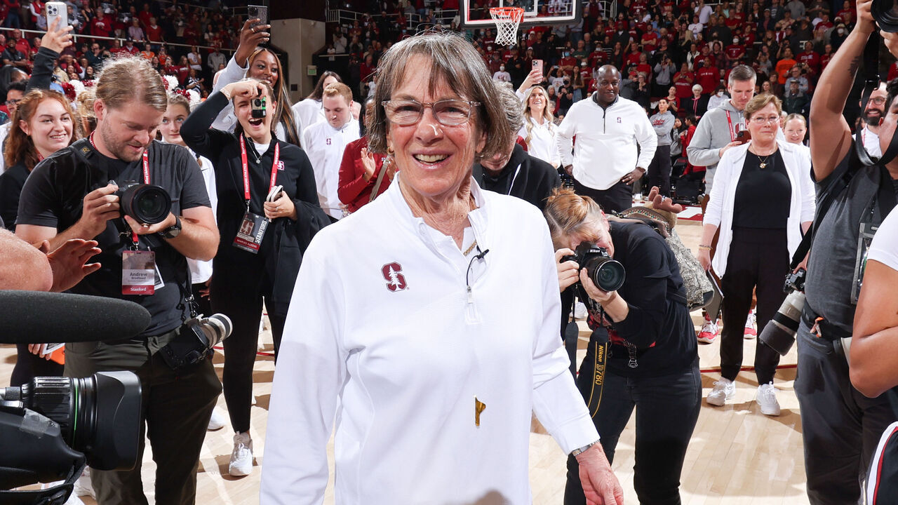 STANFORD, CA - JANUARY 21: Stanford Cardinal head coach Tara VanDerveer celebrates her 1203 college coaching victory becoming the winningest coach in NCAA Division 1 basketball history during a game between Oregon State University and Stanford University at Maples Pavilion on January 21, 2024 in Stanford, California.