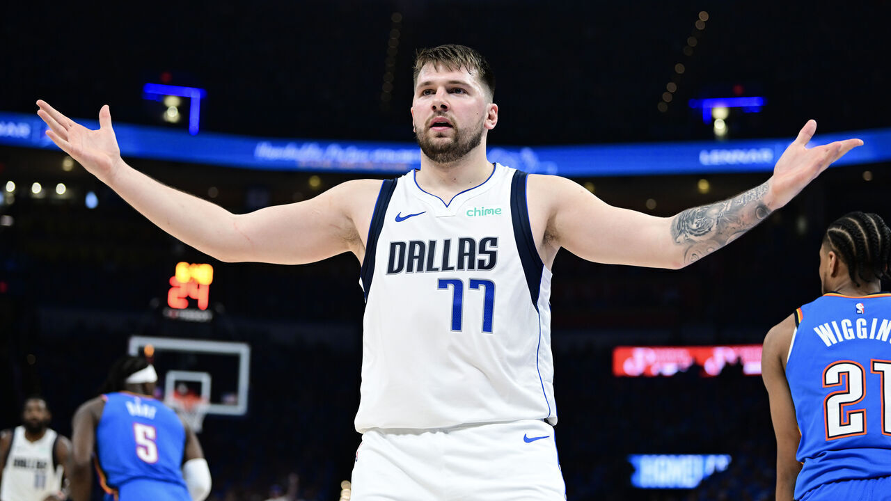 OKLAHOMA CITY, OKLAHOMA - MAY 09: Luka Doncic #77 of the Dallas Mavericks reacts during the second quarter against the Oklahoma City Thunder in Game Two of the Western Conference Second Round Playoffs at Paycom Center on May 09, 2024 in Oklahoma City, Oklahoma.