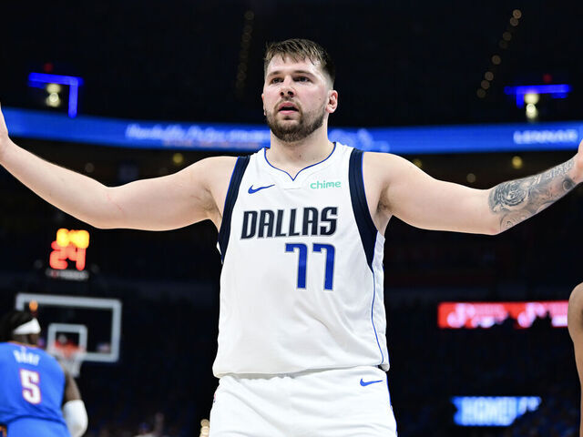 OKLAHOMA CITY, OKLAHOMA - MAY 09: Luka Doncic #77 of the Dallas Mavericks reacts during the second quarter against the Oklahoma City Thunder in Game Two of the Western Conference Second Round Playoffs at Paycom Center on May 09, 2024 in Oklahoma City, Oklahoma.