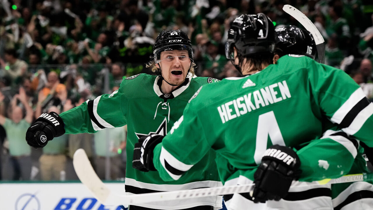 DALLAS, TEXAS - MAY 09: Roope Hintz #24 of the Dallas Stars celebrates the goal scored against the Colorado Avalanche by Miro Heiskanen #4 during the first period in Game Two of the Second Round of the 2024 Stanley Cup Playoffs at American Airlines Center on May 09, 2024 in Dallas, Texas.