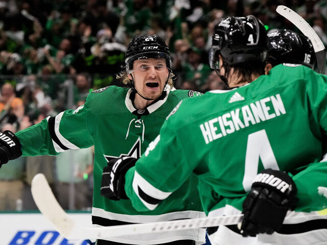 DALLAS, TEXAS - MAY 09: Roope Hintz #24 of the Dallas Stars celebrates the goal scored against the Colorado Avalanche by Miro Heiskanen #4 during the first period in Game Two of the Second Round of the 2024 Stanley Cup Playoffs at American Airlines Center on May 09, 2024 in Dallas, Texas.