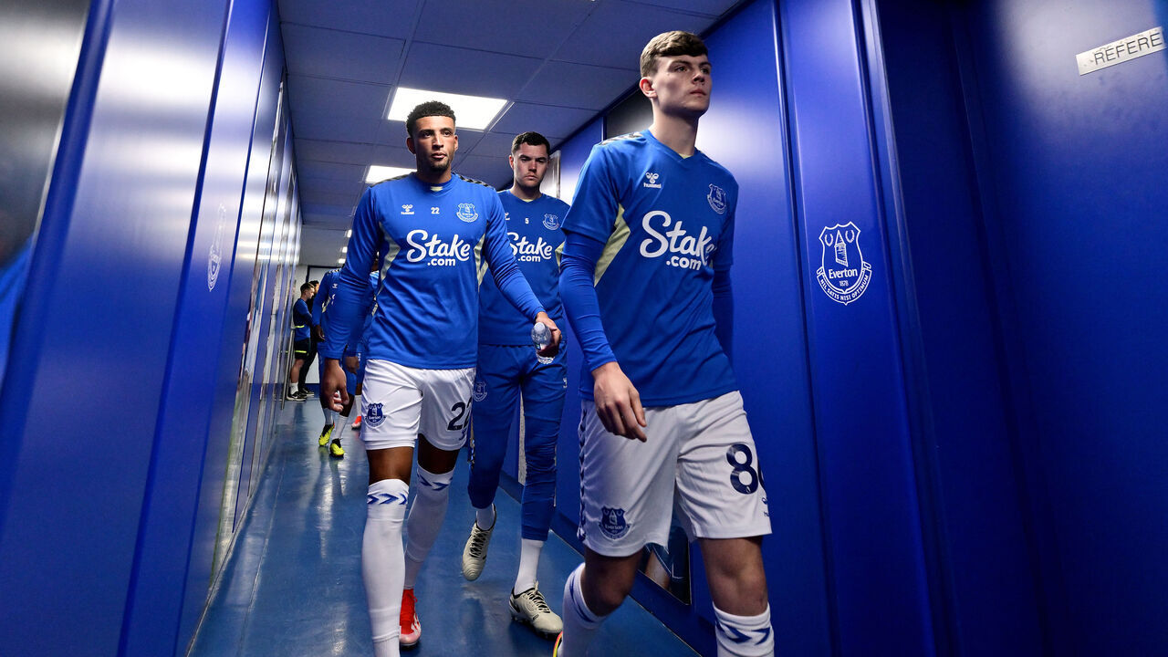 LIVERPOOL, ENGLAND - APRIL 27: Ben Godfrey Michael Keane and Jenson Metcalfe Everton before the Premier League match between Everton FC and Brentford FC at Goodison Park on April 27, 2024 in Liverpool, England.