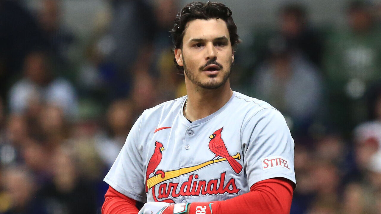MILWAUKEE, WI - MAY 09: St. Louis Cardinals third base Nolan Arenado (28) looks back at the dugout during a game between the Milwaukee Brewers and the St. Louis Cardinals at American Family Field on May 9, 2024 in Milwaukee, WI.