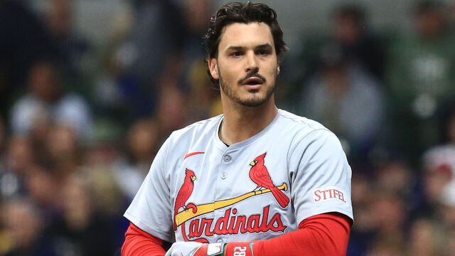 MILWAUKEE, WI - MAY 09: St. Louis Cardinals third base Nolan Arenado (28) looks back at the dugout during a game between the Milwaukee Brewers and the St. Louis Cardinals at American Family Field on May 9, 2024 in Milwaukee, WI.