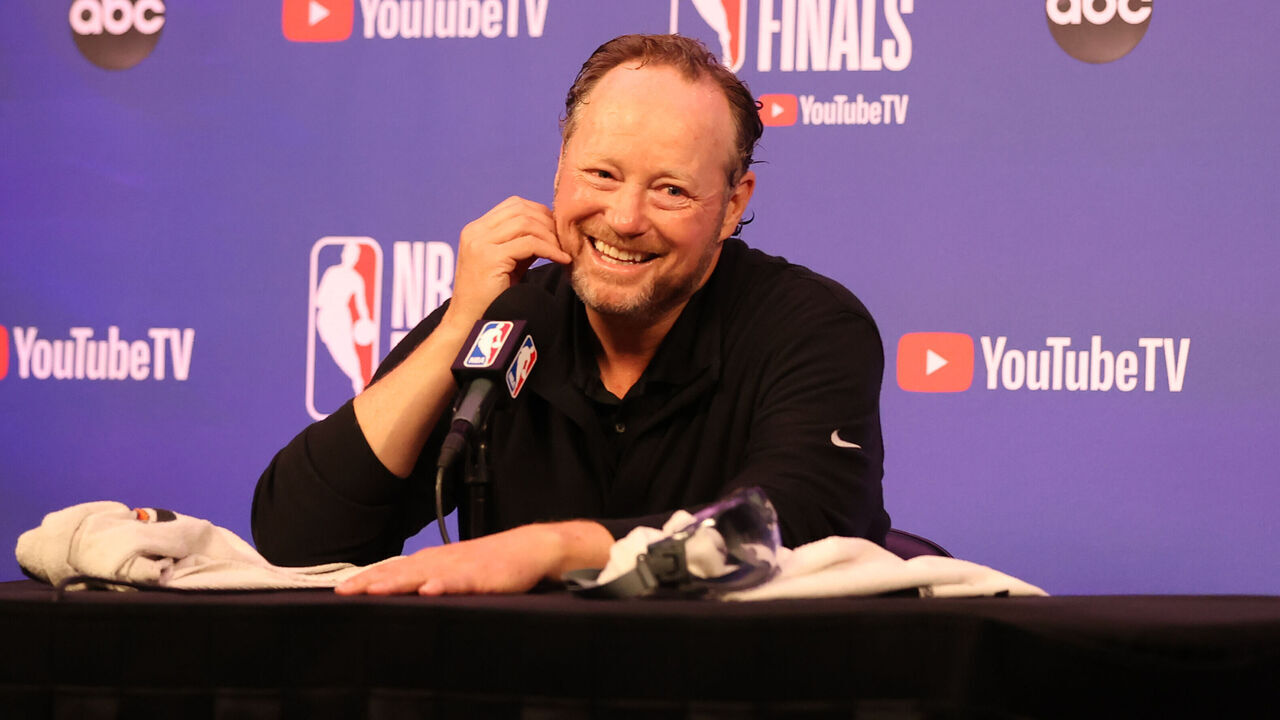 MILWAUKEE, WI - JULY 20: Head Coach Mike Budenholzer of the Milwaukee Bucks talks with the media after winning the 2021 NBA Finals on July 20, 2021 at the Fiserv Forum in Milwaukee, Wisconsin. Mandatory Copyright Notice: Copyright 2021 NBAE .