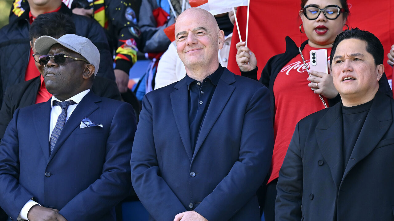 CLAIREFONTAINE-EN-YVELINES, FRANCE - MAY 09: (L-R) Aboubacar Sampil President of the Guinea Federation, Gianni Infantino President of Fifa and Erick Thohir President of the Indonesian Federation attend the Paris 2024 Olympic Games qualifier match between Indonesia U23 and Guinea U23 at Centre National du Football on May 09, 2024 in Clairefontaine-en-Yvelines, France.
