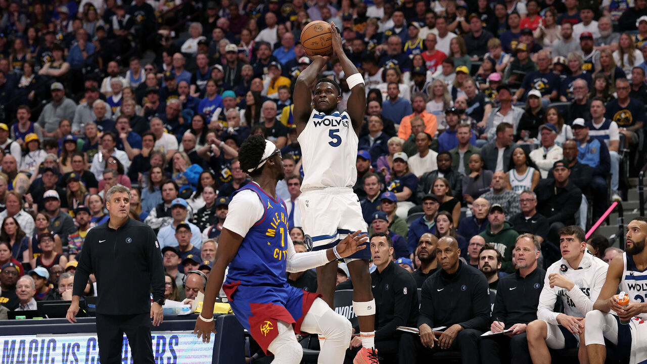 DENVER, COLORADO - MAY 04: Anthony Edwards #5 of the Minnesota Timberwolves puts up a shot against Reggie Jackson #7 of the Denver Nuggets in the third quarter during Game One of the Western Conference Second Round Playoffs at Ball Arena on May 04, 2024 in Denver, Colorado.