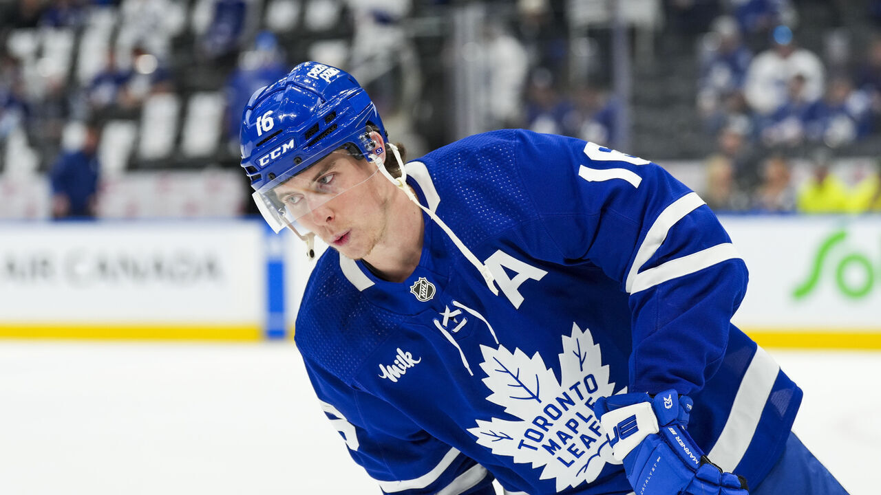 TORONTO, ON - MAY 2: Mitch Marner #16 of the Toronto Maple Leafs warms up before a game against the Boston Bruins in Game Six of the First Round of the 2024 Stanley Cup Playoffs at Scotiabank Arena on May 2, 2024 in Toronto, Ontario, Canada.