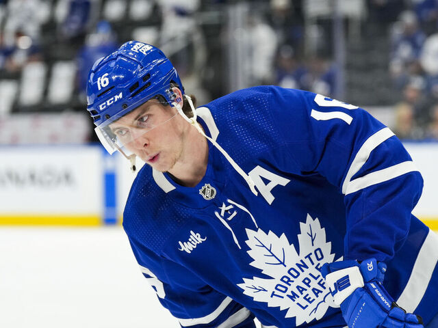 TORONTO, ON - MAY 2: Mitch Marner #16 of the Toronto Maple Leafs warms up before a game against the Boston Bruins in Game Six of the First Round of the 2024 Stanley Cup Playoffs at Scotiabank Arena on May 2, 2024 in Toronto, Ontario, Canada.