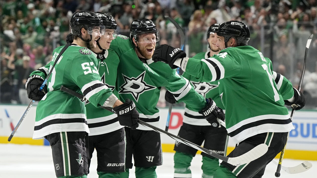 DALLAS, TEXAS - MAY 07: Wyatt Johnston #53 of the Dallas Stars celebrates with teammates after scoring a goal during the first period against the Colorado Avalanche in Game One of the Second Round of the 2024 Stanley Cup Playoffs at American Airlines Center on May 07, 2024 in Dallas, Texas.