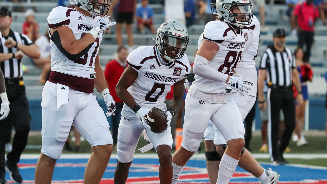 LAWRENCE, KS - SEPTEMBER 01: Missouri State Bears wide receiver Jmariyae Robinson (0) celebrates a 2-yard touchdown reception in the first half of a college football game between the Missouri State Bears and Kansas Jayhawks on Sep 1, 2023 at David Booth Memorial Stadium in Lawrence, KS.