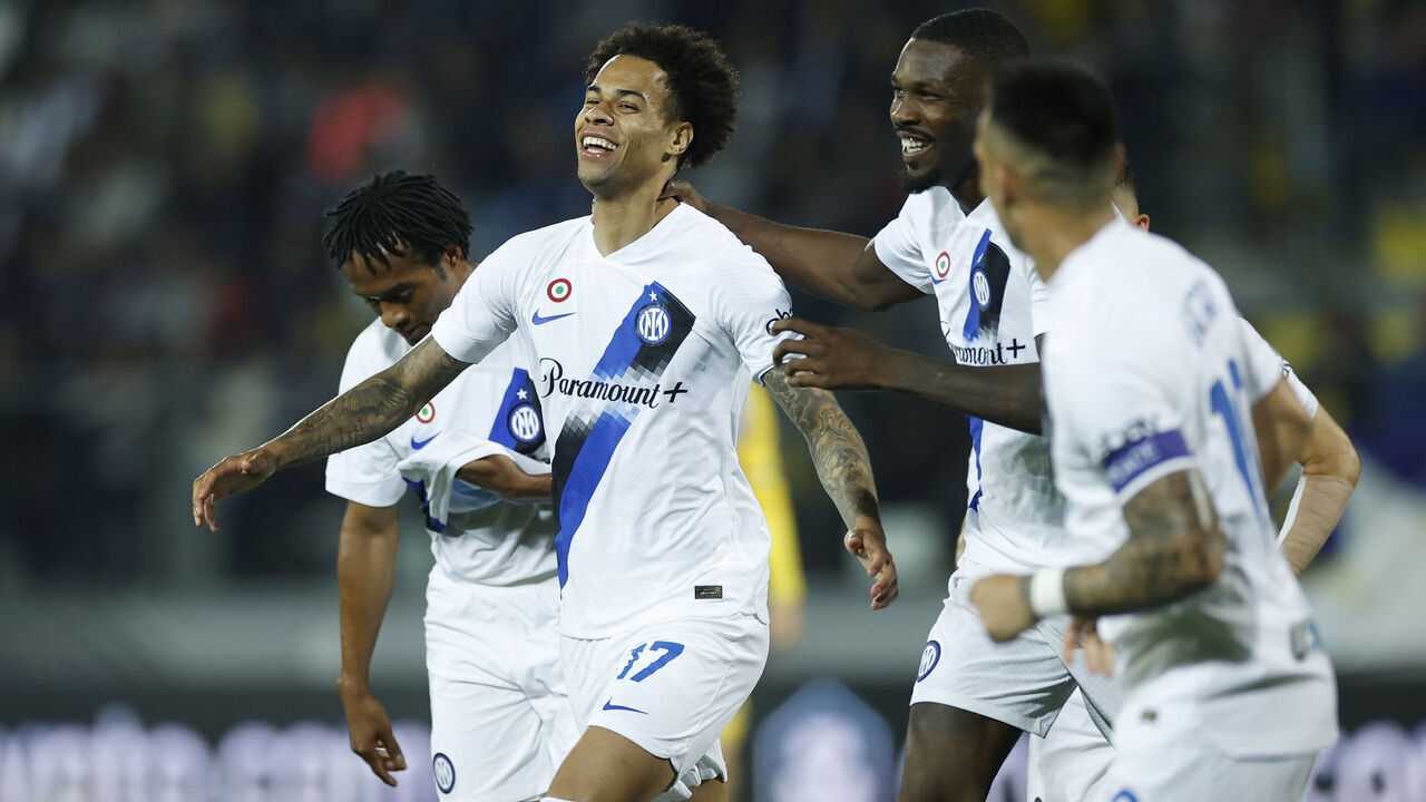 FROSINONE, ITALY - MAY 10: Tajon Buchanan of FC Internazionale celebrates with Marcus Thuram of FC Internazionale after scoring his team's third goal during the Serie A TIM match between Frosinone Calcio and FC Internazionale at Stadio Benito Stirpe on May 10, 2024 in Frosinone, Italy.