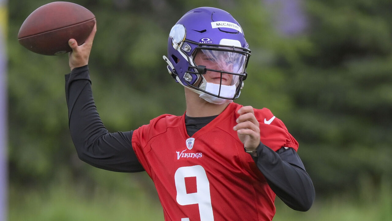 EAGAN, MN - MAY 10: Minnesota Vikings quarterback J.J. McCarthy (9) makes a pass during Minnesota Vikings Rookie Camp on May 10, 2024, at TCO Performance Center in Eagan, MN.