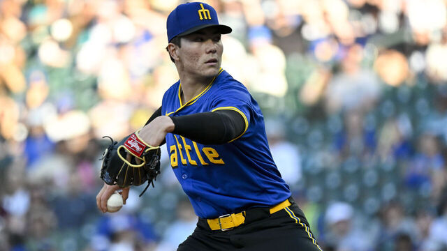 SEATTLE, WASHINGTON - MAY 10: Bryan Woo #22 of the Seattle Mariners throws a pitch during the first inning against the Oakland Athletics at T-Mobile Park on May 10, 2024 in Seattle, Washington.