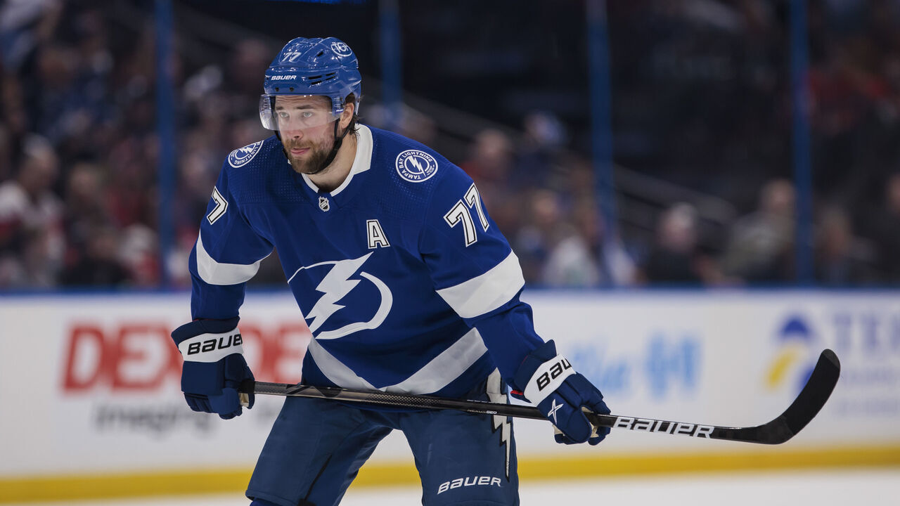 TAMPA, FL - APRIL 1: Victor Hedman #77 of the Tampa Bay Lightning against the Detroit Red Wings at Amalie Arena on April 1, 2024 in Tampa, Florida.