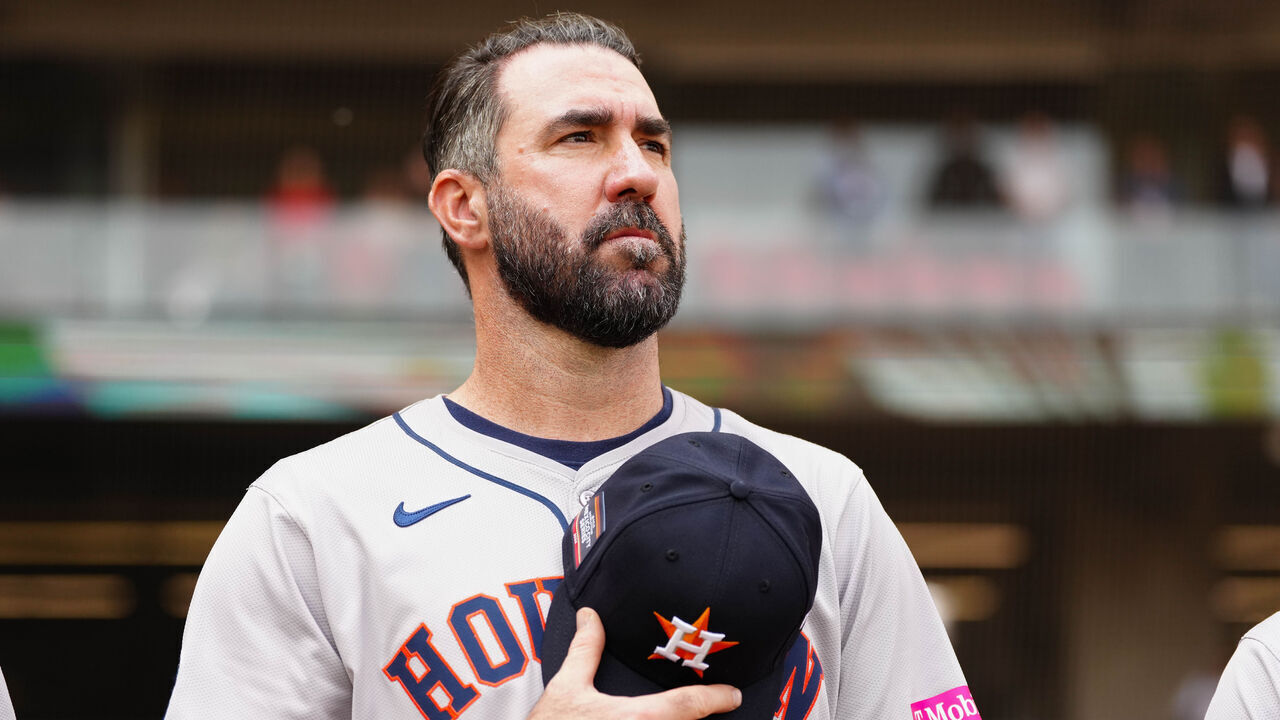 MEXICO CITY, MEXICO - APRIL 27: Justin Verlander #35 of the Houston Astros looks on during the national anthem prior to a 2024 Mexico City Series game between the Houston Astros and the Colorado Rockies at Alfredo Harp Helú Stadium on Saturday, April 27, 2024 in Mexico City, Mexico.