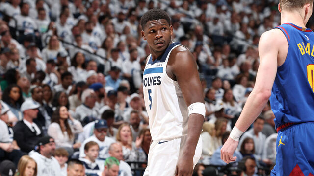 MINNEAPOLIS, MN - MAY 10: Anthony Edwards #5 of the Minnesota Timberwolves looks on during the game against the Denver Nuggets during Round 2 Game 3 of the 2024 NBA Playoffs on May 10, 2024 at Target Center in Minneapolis, Minnesota. Mandatory Copyright Notice: Copyright 2024 NBAE