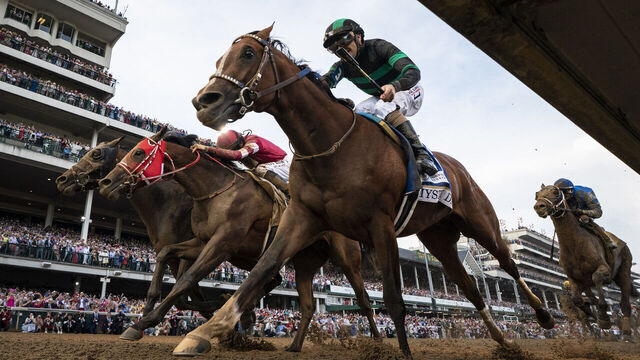 Louisville, KY - May 4 : Mystik Dan (3), ridden by Brian J. Hernandez, Jr., wins the 150th running of the Kentucky Derby at Churchill Downs in Louisville, KY on Saturday, May 04, 2024.