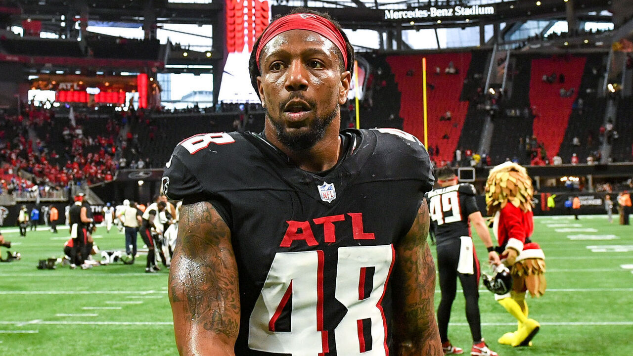 ATLANTA, GA DECEMBER 24: Atlanta linebacker Bud Dupree (48) reacts following the conclusion of the NFL game between the Indianapolis Colts and the Atlanta Falcons on December 24th, 2023 at Mercedes-Benz Stadium in Atlanta, GA.