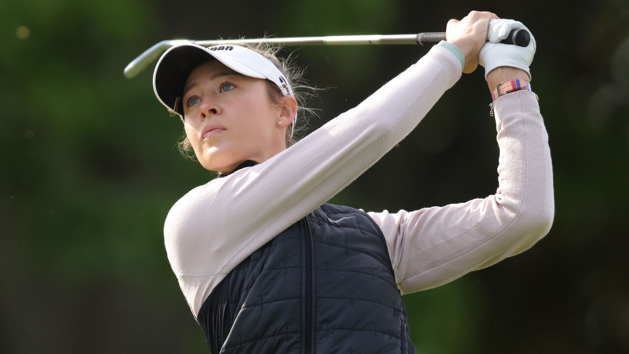 CLIFTON, NEW JERSEY - MAY 11: Nelly Korda of the United States plays her shot from the 15th tee during the third round of the Cognizant Founders Cup at Upper Montclair Country Club on May 11, 2024 in Clifton, New Jersey.