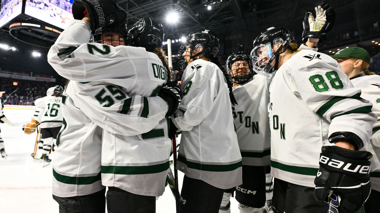 LAVAL, CANADA - MAY 09: Susanna Tapani #88 of Boston celebrates her game-winning goal with teammates during overtime in game one of the PWHL semifinal game against Montreal at Place Bell on May 9, 2024 in Laval, Quebec, Canada. Boston defeated Montreal 2-1 in overtime.