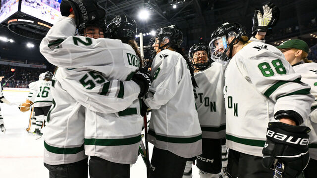 LAVAL, CANADA - MAY 09: Susanna Tapani #88 of Boston celebrates her game-winning goal with teammates during overtime in game one of the PWHL semifinal game against Montreal at Place Bell on May 9, 2024 in Laval, Quebec, Canada. Boston defeated Montreal 2-1 in overtime.