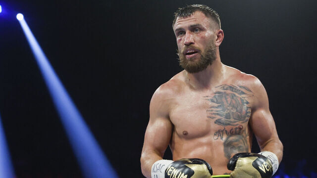 LAS VEGAS, NEVADA - MAY 20: Vasyl Lomachenko of Ukraine looks on against Devin Haney during their undisputed lightweight title bout at MGM Grand Garden Arena on May 20, 2023 in Las Vegas, Nevada.
