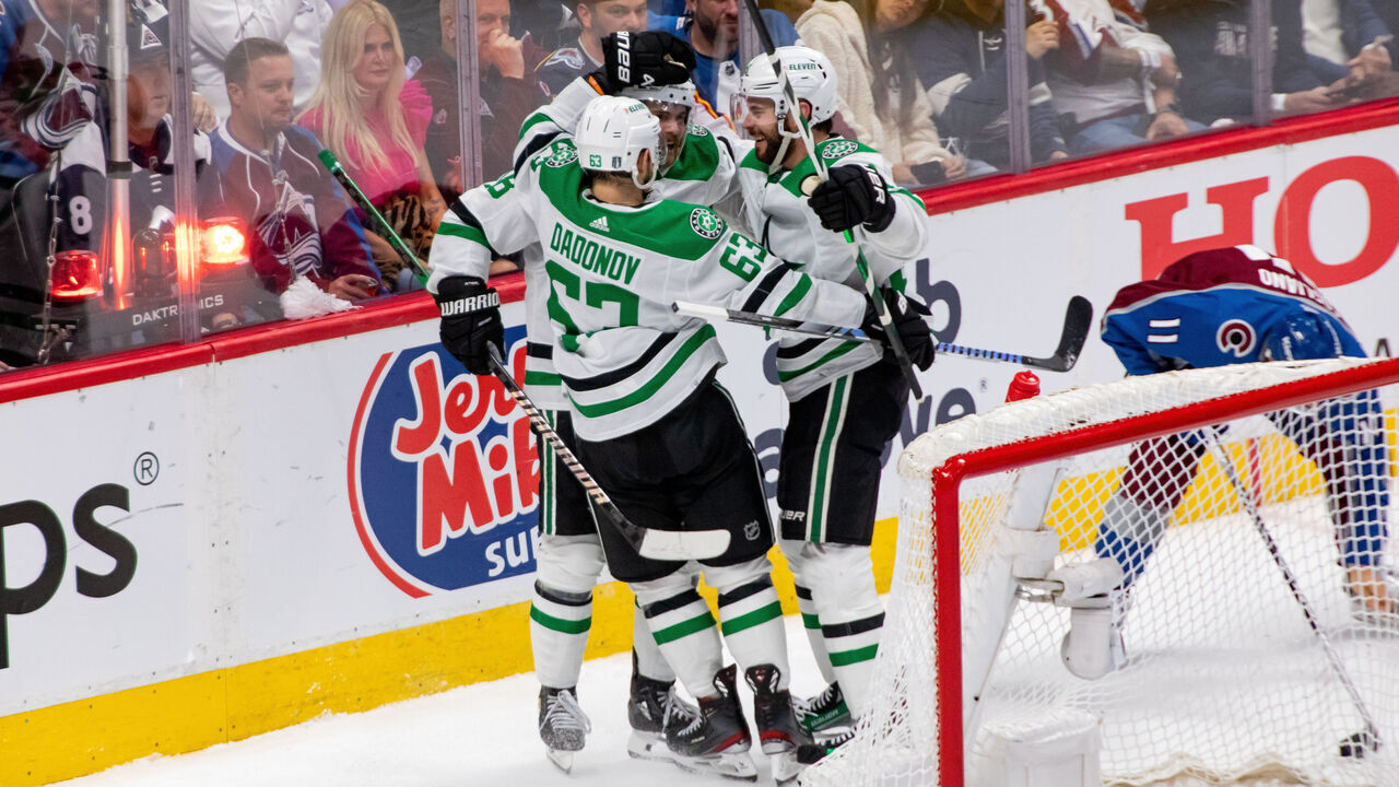 DENVER, COLORADO - MAY 11: Tyler Seguin #91 of the Dallas Stars (right) celebrates with teammates Sam Steel #18 (center) and Evgenii Dadonov #63 (left) after scoring a goal in the second period of Game Three of the Second Round of the Stanley Cup Playoffs against the Colorado Avalanche at Ball Arena on May 11, 2024 in Denver, Colorado.
