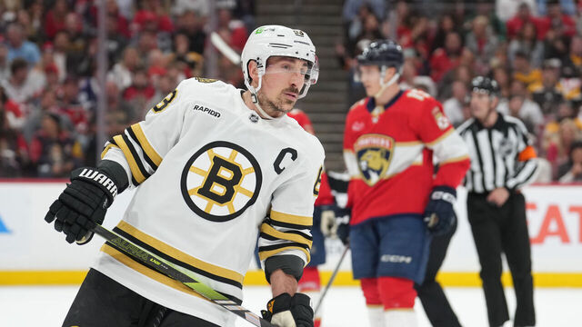SUNRISE, FL - MAY 06: Boston Bruins left wing Brad Marchand (63) skates to the bench during a stop in play in the first period during game one of the Eastern Conference round 2 playoffs between the Boston Bruins and the Florida Panthers on Monday, May 6, 2024 at Amerant Bank Arena, Sunrise, Fla.