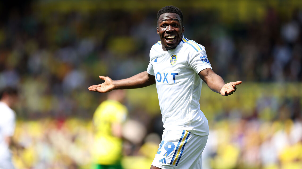 Leeds United's Wilfried Gnonto reacts to a decision against him during the Sky Bet Championship play-off, semi-final, first leg match at Carrow Road, Norwich. Picture date: Sunday May 12, 2024.