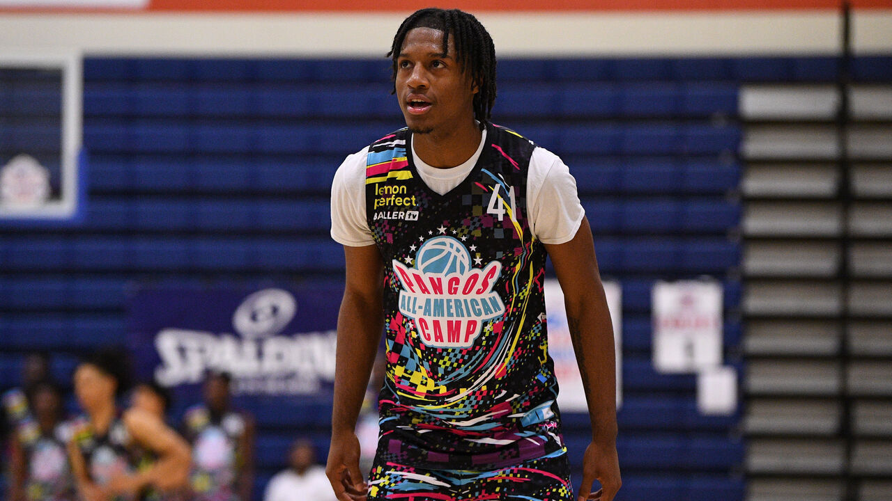 LAS VEGAS, NV - JUNE 05: Jamier Jones looks on during the Pangos All-American Camp on June 5, 2023 at the Bishop Gorman High School in Las Vegas, NV.