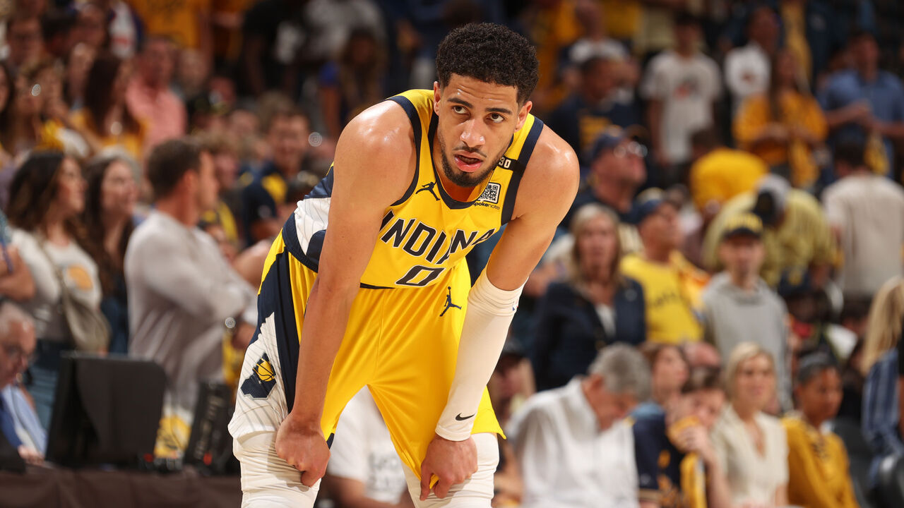 INDIANAPOLIS, IN - MAY 12: Tyrese Haliburton #0 of the Indiana Pacers looks on during the game against the New York Knicks during Round 2 Game 4 of the 2024 NBA Playoffs on May 12, 2024 at Gainbridge Fieldhouse in Indianapolis, Indiana. Mandatory Copyright Notice: Copyright 2024 NBAE