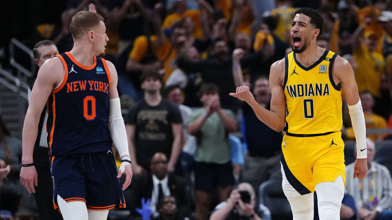 INDIANAPOLIS, INDIANA - MAY 12: Tyrese Haliburton #0 of the Indiana Pacers reacts after a three point basket against the New York Knicks in Game Four of the Eastern Conference Second Round Playoffs at Gainbridge Fieldhouse on May 12, 2024 in Indianapolis, Indiana.