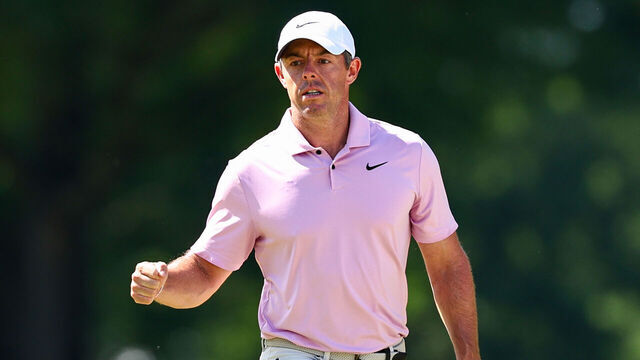 CHARLOTTE, NORTH CAROLINA - MAY 12: Rory McIlroy of Northern Ireland reacts after making an eagle on the 10th hole during the final round of the Wells Fargo Championship at Quail Hollow Club on May 12, 2024 in Clifton, North Carolina.